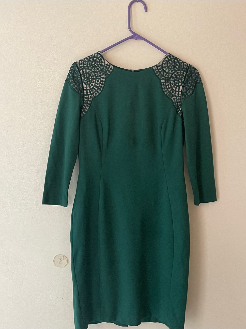 ANTONIO MELANI Emerald Green Long Sleeve Sheath Dress with Lace Yoke